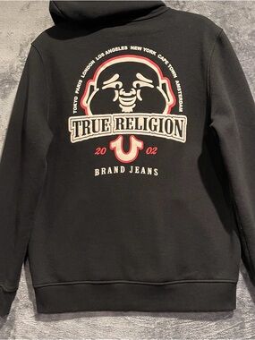True Religion Large Sunrise Buddha Hoodie Sweatshirt Black Graphic Streetwear